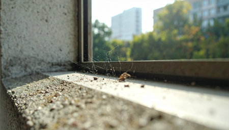 A close-up view reveals a forgotten windowsill, covered in a layer of dust, dirt, and the remains of dead insects.の素材