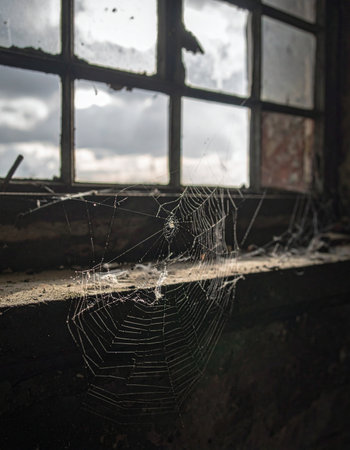 Sunlight struggles through a broken, grimy window, illuminating intricate cobwebs that drape a forgotten windowsill.の素材