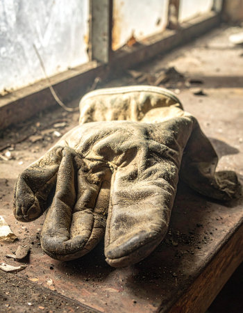 A single, weathered work glove rests on a dusty windowsill in an abandoned factory, a silent testament to the labor and stories left behind.の素材
