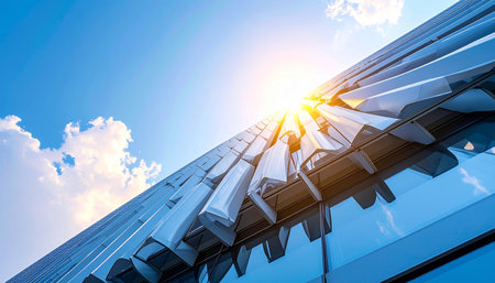 From a low angle, a row of solar panels stretches towards a brilliant sun in a clear blue sky.の素材