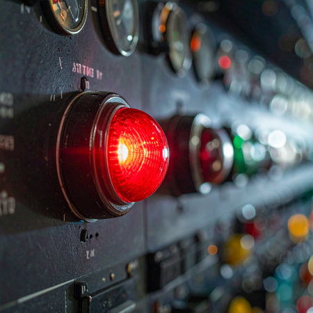 In the heart of a complex machine, a single red light glows with intense urgency.の素材