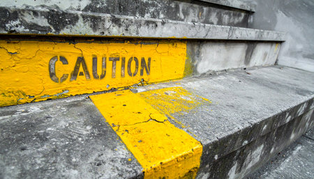 A weathered yellow 'CAUTION' sign is stenciled onto a gritty, cracked concrete step, serving as a stark warning.の素材