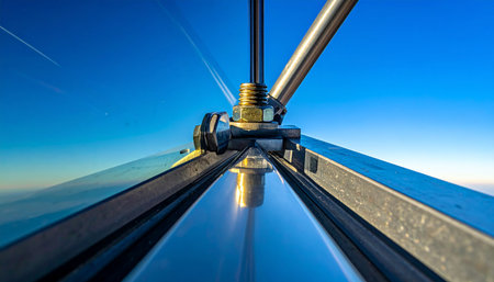 A low-angle, detailed view captures the precision and strength of a metallic assembly.の素材