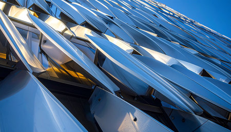 A low-angle view captures the intricate and dynamic metal panels of a modern skyscraper's facade.の素材