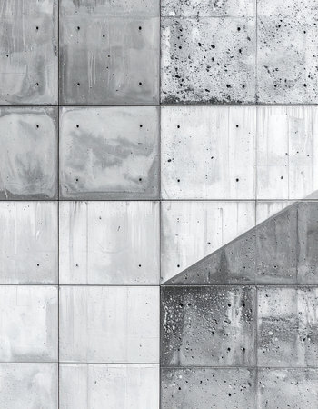 A study in contrasts, this minimalist concrete wall features a stark grid of weathered and smooth panels.の素材