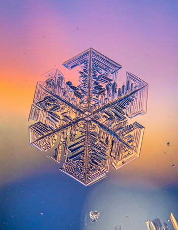 A stunning macro photograph captures the breathtaking complexity of a single snowflake.の素材