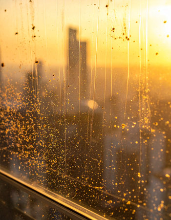 As the sun sets, the city's towering skyline transforms into a warm, golden silhouette.の素材