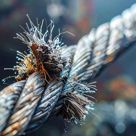 A macro photograph captures the dramatic moment a thick, weathered rope succumbs to immense pressure.の素材
