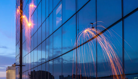At twilight, a sleek glass skyscraper mirrors the explosive energy of the city.の素材