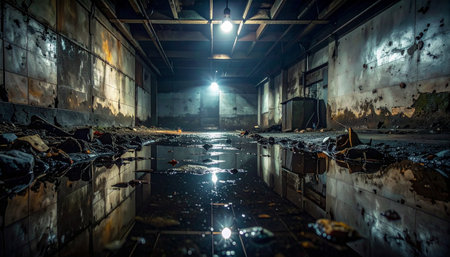A single bare light bulb illuminates a forgotten, flooded basement, its light shimmering on the murky water's surface.の素材