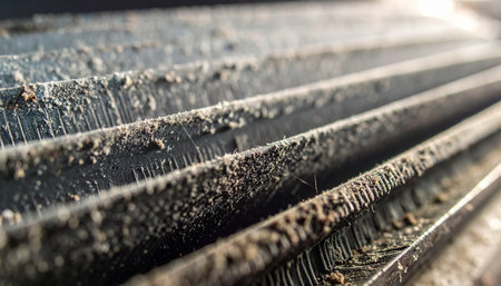 A detailed macro shot reveals layers of accumulated dust, grime, and potential allergens on the fins of a neglected air conditioner.の素材