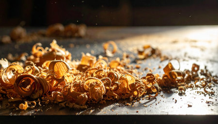Golden curls of wood shavings catch the warm light, scattered across a well-used workbench.の素材