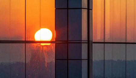 The golden orb of the setting sun casts a warm, optimistic glow, its reflection captured in the sleek glass facade of a modern skyscraper.の素材