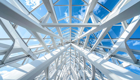 A low-angle view looking up through a complex web of white steel beams and glass panels.の素材