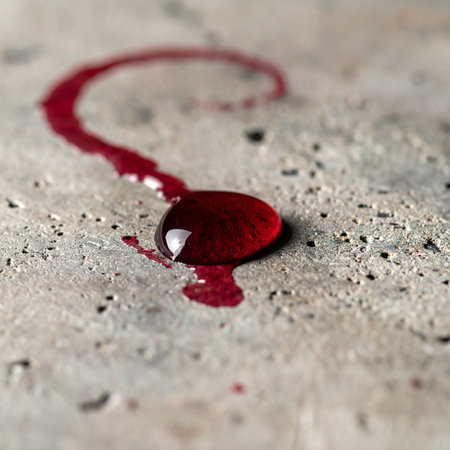 A single, glistening drop of red liquid pools on a cold, textured surface, its tail curving into a perfect question mark.の素材
