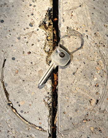 A single, forgotten key lies in a deep crack in the concrete, its shadow stretching out beside it.の素材