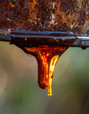 A single, glowing drop of amber resin clings to a corroded, rusty surface, capturing the warm light.の素材