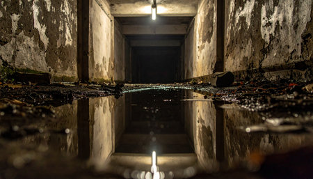 A single bare bulb illuminates a dark, flooded underground passageway, its light reflecting perfectly in the still, murky water.の素材