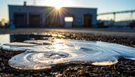 As the sun rises over an industrial park, its first golden rays illuminate a delicate, frozen puddle on the cold asphalt.の素材