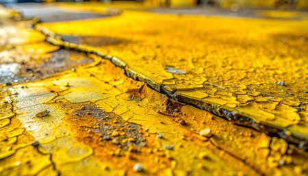 A close-up view reveals the story of time and neglect etched into a vibrant yellow surface. Deep cracks fracture the peeling paint, exposing the weathered, rusty layer beneath.の素材