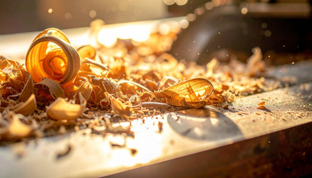 Golden light illuminates fresh wood shavings curling on a workbench, capturing a moment of skilled craftsmanship.の素材