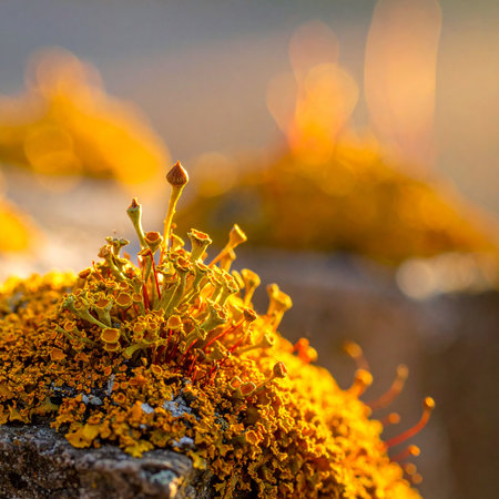 Bathed in the warm, golden light of a setting sun, a miniature world of sunburst lichen comes to life.の素材