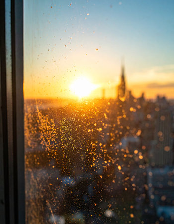 The city awakens under a golden sunrise, its silhouette softened by the morning light.の素材