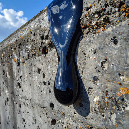 A drop of pure, glossy obsidian, like liquid night, slowly makes its way down a rugged, ancient rock face.の素材