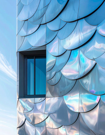 The facade of a futuristic building shimmers with iridescent, scale-like metal tiles, reflecting the clear blue sky.の素材