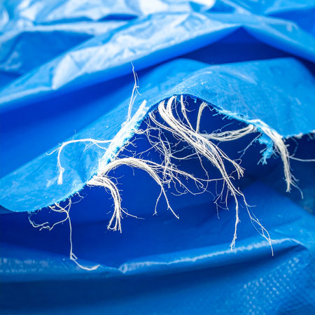 A close-up view reveals the inner strength of a weathered blue tarp.の素材