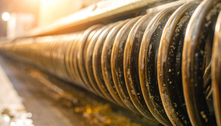 A close-up view of a wet, coiled metal rod on an industrial production line.の素材