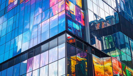 A low-angle view captures the corner of a futuristic skyscraper where architecture and technology merge.の素材
