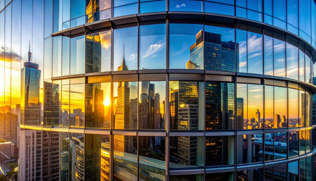 The setting sun casts a brilliant golden glow across the city, its warm light captured and multiplied in the curved glass facade of a modern skyscraper.の素材