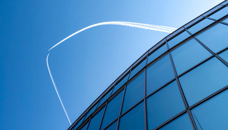 A streak of light arcs over the sleek, curved glass facade of a modern skyscraper, symbolizing the rapid flow of data and information.の素材