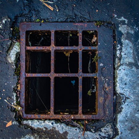 A top-down view captures the gritty texture of a rusty sewer grate set in dark, wet asphalt.の素材