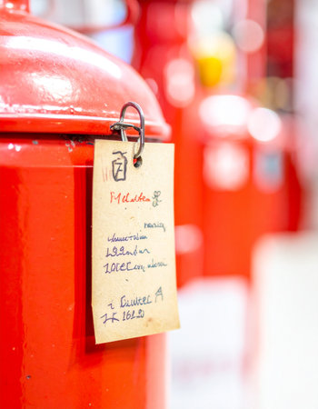 A weathered paper tag, marked with handwritten notes and a price, hangs from a vibrant red vintage canister.の素材
