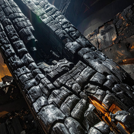 A detailed macro view captures the dramatic texture of a charred log.の素材
