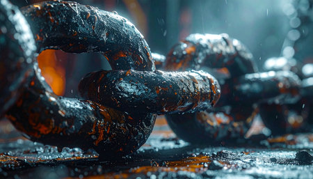 A close-up of a massive, wet industrial chain, its heavy links glistening under the intense, fiery glow of a forge.の素材