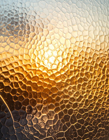 A warm, golden sunset is beautifully distorted through a pane of textured, pebbled glass.の素材