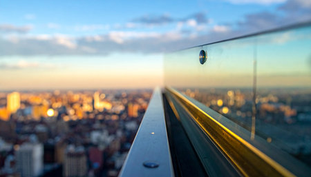From a high-rise balcony, the world unfolds. A modern glass railing provides a clear, yet safe, perspective of the sprawling city below as it basks in the warm, golden light of sunset.の素材