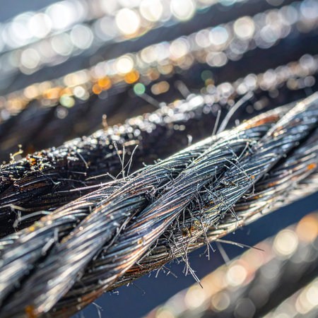 A macro view reveals the intricate details of a weathered steel cable, its individual strands twisted together in a testament to industrial strength.の素材