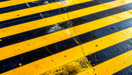 Scuffed and worn, these bold yellow and black hazard stripes mark a path of caution on an industrial floor.の素材
