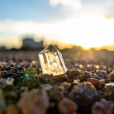 A single, clear quartz crystal point stands among small stones, catching the last rays of the setting sun.の素材