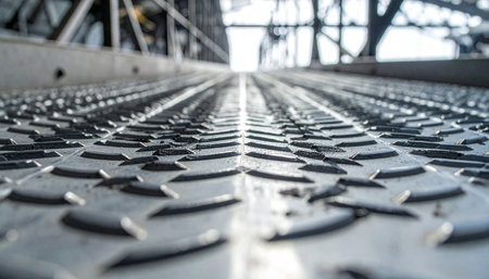 A low-angle perspective shot captures the rugged texture of a diamond plate steel walkway.の素材