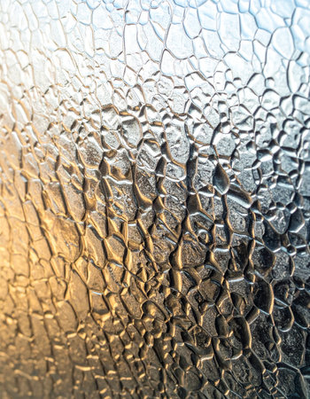 A close-up view of patterned privacy glass, where warm golden light transitions into cool tones.の素材