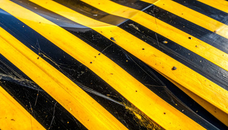 Close-up detail of a weathered surface marked with bold yellow and black hazard stripes.の素材