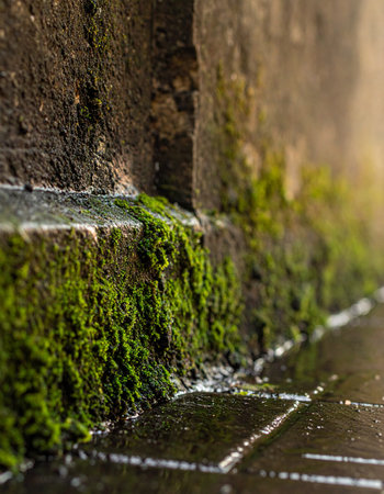 In a quiet corner of the city, vibrant green moss clings tenaciously to the damp, weathered bricks after a recent rain.の素材