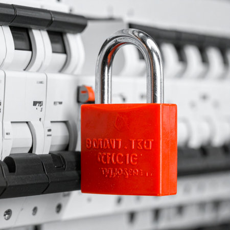 A bright red safety padlock is securely fastened to a circuit breaker, implementing a critical lockout-tagout procedure.の素材