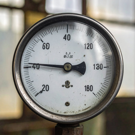 A close-up view of a classic analog pressure gauge, its needle steady.の素材