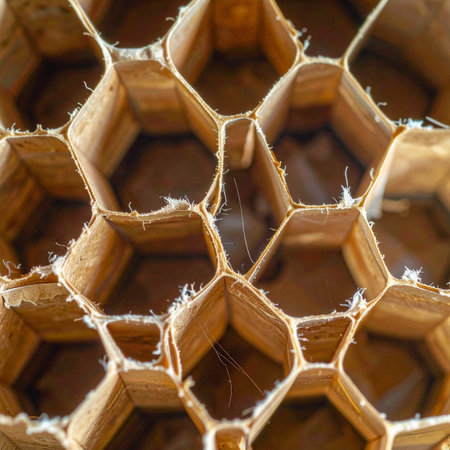 A detailed macro photograph capturing the complex and intricate architecture of a natural wasp nest.の素材